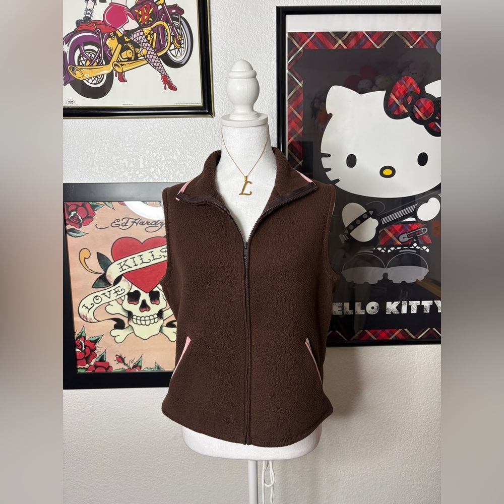 Moda International Brown Pink Fleece Vest Y2K Zip Up Cottagecore Outdoorsy